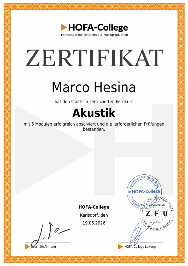 HOFA-College Zertifikat Akustik für Marco Hesina