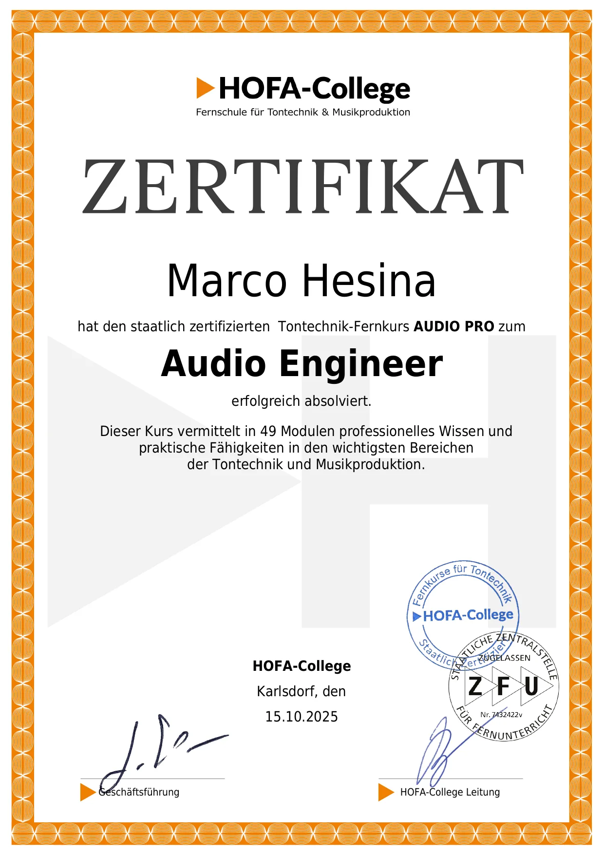 Vorschau des HOFA-College Zertifikats Audio Engineer für Marco Hesina