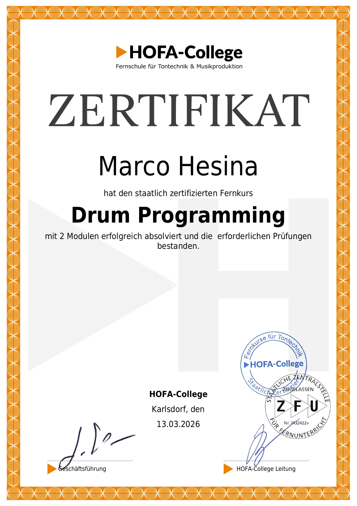 Vorschau des HOFA-College Zertifikats Drum Programming für Marco Hesina