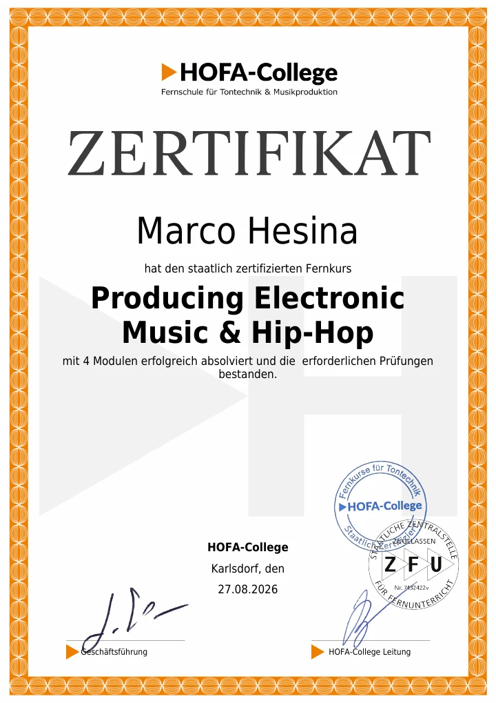 HOFA-College Zertifikat Producing Electronic Music & Hip-Hop für Marco Hesina